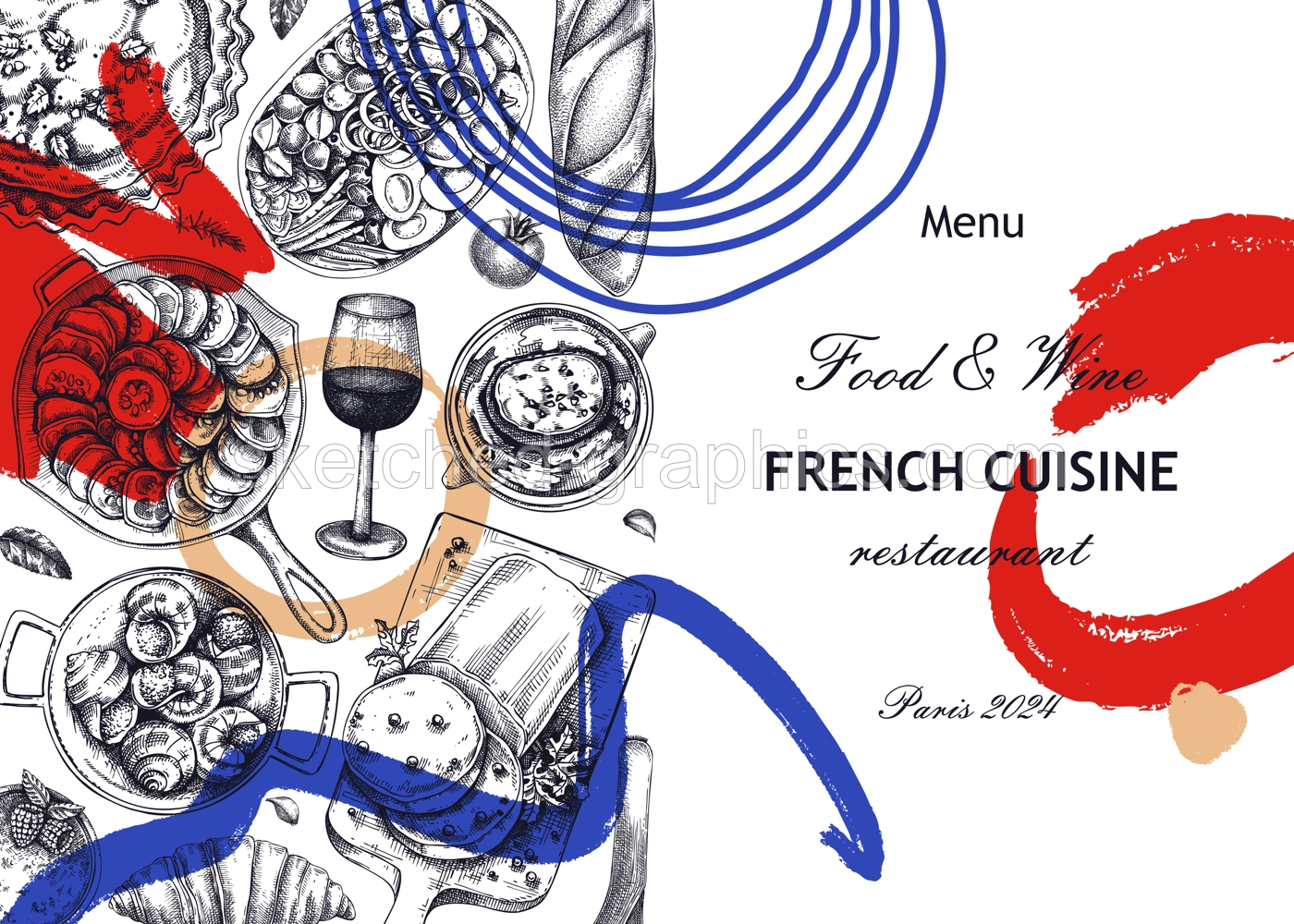 Collage-style French restaurant menu design template. France food and wine from sketches. European food trendy background. Hand-drawn vector illustration, NOT AI generated Illustration